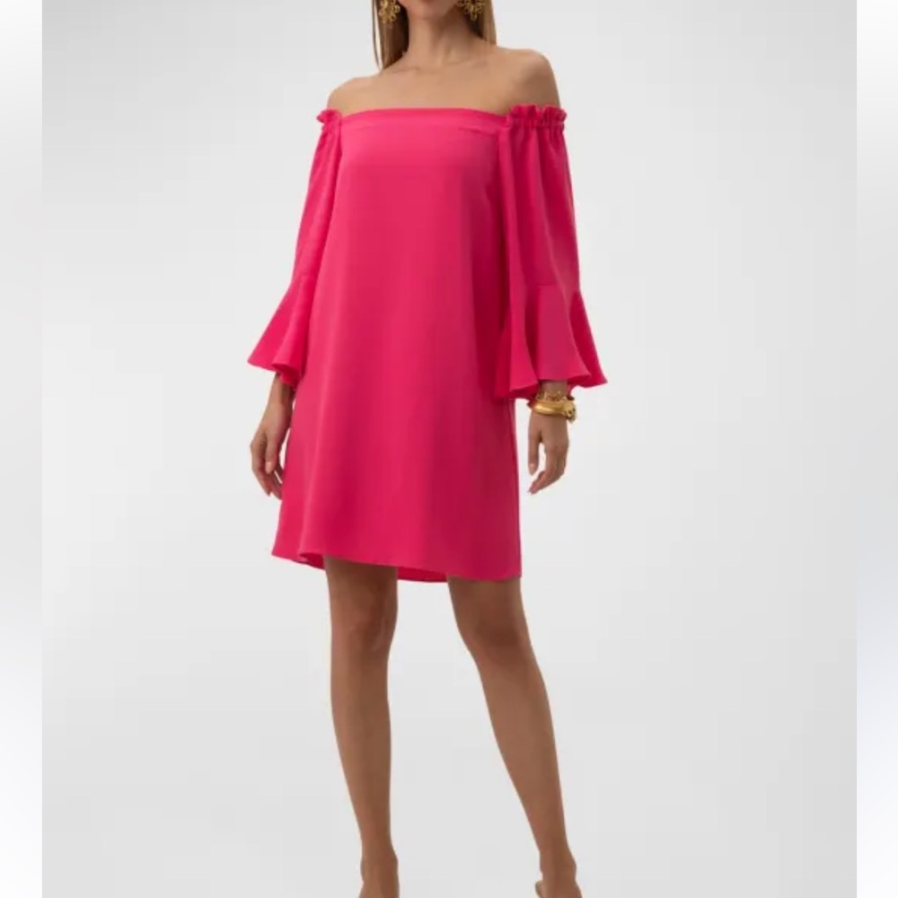 NWT Trina Turk Knox Off-Shoulder Bell-Sleeve Crepe Dress